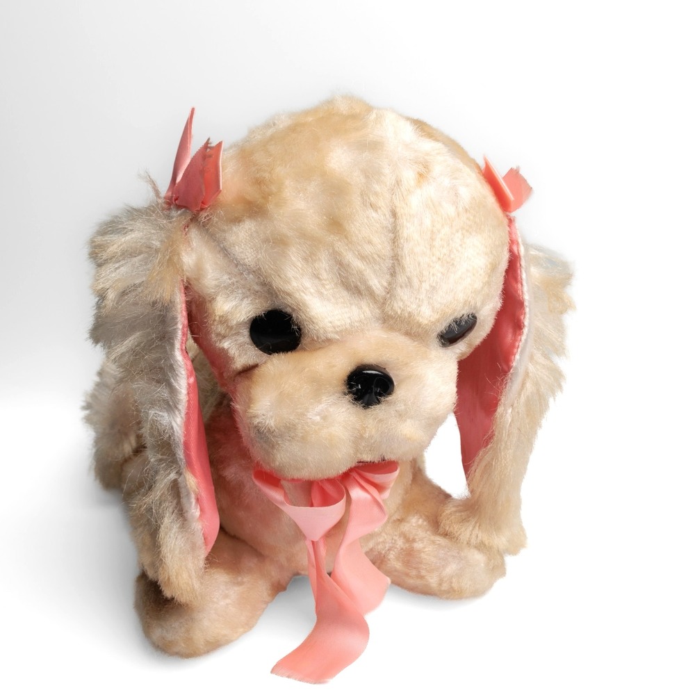 Vintage Cocker Spaniel Dog Plush Stuffed Animal Floppy Ears Pink Satin Bows